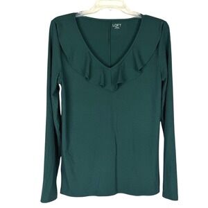 LOFT Emerald Green Ribbed Long Sleeve Shirt Top Ruffle Neck Whimsy Romantic Lg